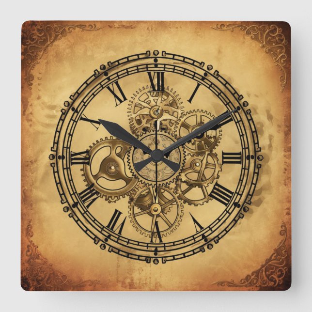 Vintage Clockwork Fyrkantig Klocka (Framsida)