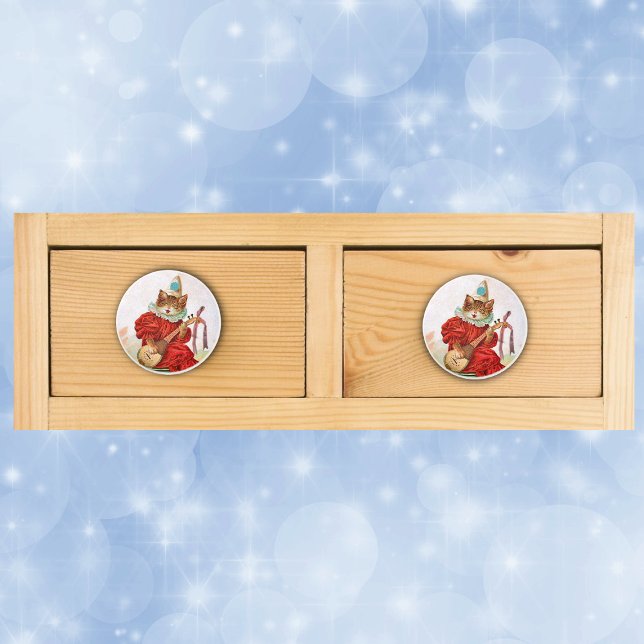 Vintage Clown Jester Musician Cat Mandolin Knopp (Jester cat in clown outfit playing a mandalin on drawer knob pull.)