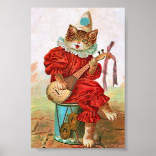 Vintage Clown Jester Musician Cat Mandolin Poster