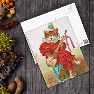 Vintage Clown Jester Musician Cat Mandolin Vykort