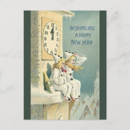 Vintage clowner med vin nära klockan Gott nytt år Vykort