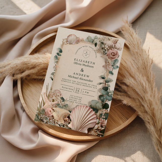 Vintage Coastal Shell Romance Wedding Inbjudningar (Skapare uppladdad)