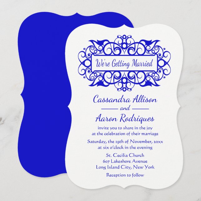 Vintage Cobalt Blue & White Bröllop Blommigt Swirl Inbjudningar (Fram/baksida)