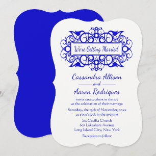 Vintage Cobalt Blue & White Bröllop Blommigt Swirl Inbjudningar