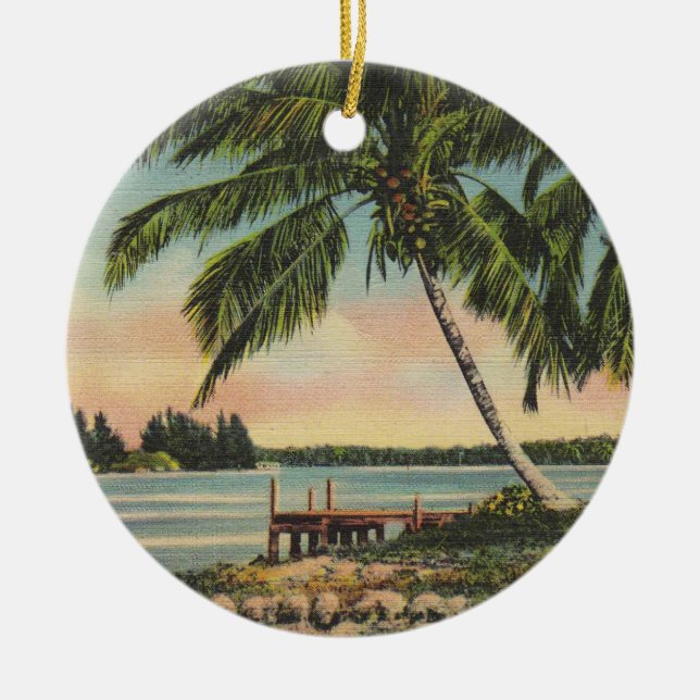 Vintage Coconut Handflatan Tropical Breeze Sunset Julgransprydnad Keramik (Framsidan)