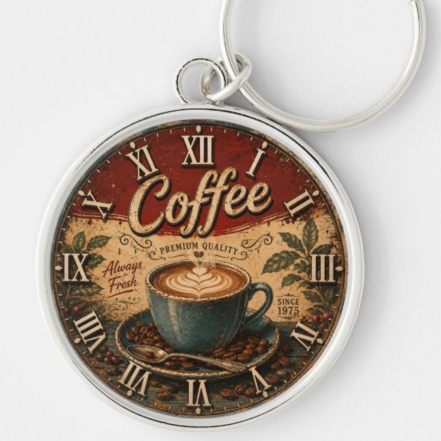 Vintage Coffee  Rund Silverfärgad Nyckelring (Framsidan)