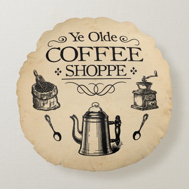 Vintage Coffee Shop Rund Kudde (Framsidan)