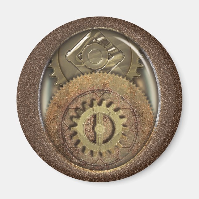 Vintage Cogs Steampunk Round Magnet (Framsidan)