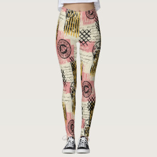 Vintage collage i blandade medier - slitpapper (1) leggings