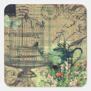 Vintage Collage w/Bird & Birdcage Garden Fyrkantigt Klistermärke
