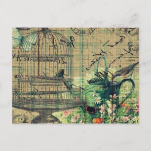 Vintage Collage w/Bird & Birdcage Garden Vykort