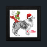 Vintage Collie Customize 'Glitter' Bow Minnesask<br><div class="desc">Den här fyrkantiga träboxen har en bild från den gyllene åldern i Illustration, 1870-1920. Det här är Collie med en tillsatt tomtsockel. Hälsning, "Loving jul Önskemål", är också vintage. Ursprungligen från ett antika vykort visar det en sprit av hal och bär som är bundna av en röd båge. Jag har...</div>
