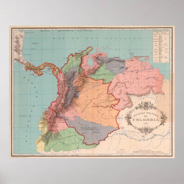 Vintage Colombia Karta (1890) Poster (Framsidan)