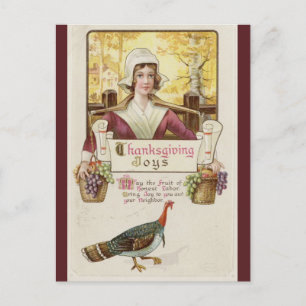 Vintage Colonial Woman och Turkiet Thanksgiving Vykort