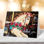 Vintage Colorful Carousel Horse Ro Photo Script Tack Kort<br><div class="desc">"Tack." Du kan nästan känna av opa-pa-musiken, kraschande symboler och uppåt och nedåt och runt-rörelsen för den plusande runt-runt-färgen varje gång du skickar den här färgstarka, bedövande fotografin tom i tackkort. Gör en underbar överraskning för någon speciell! Du kan enkelt anpassa det här tackkortet plus jag kan också anpassa alla...</div>