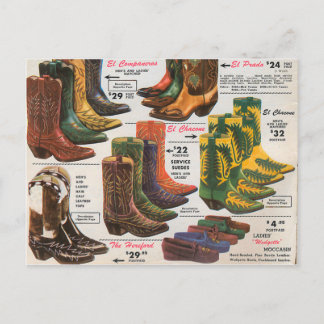 Vintage Colorful Cowboy Boots & Moccasins Vykort