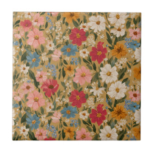 Vintage Colorful Daisy Mönster - Mustard Kakelplatta
