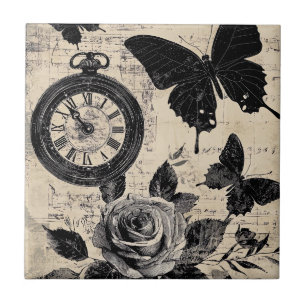 Vintage Compass & Butterfly - Rustic Papper (3) Kakelplatta