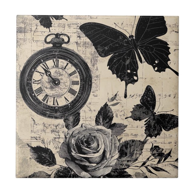 Vintage Compass & Butterfly - Rustic Papper (3) Kakelplatta (Framsidan)