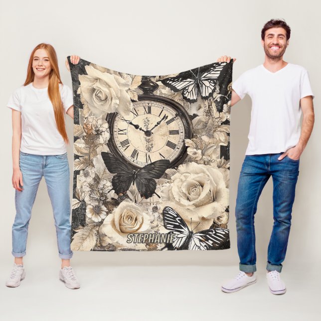 Vintage Compass & Butterfly - Rustic Papper (4) Fleecefilt (På plats)