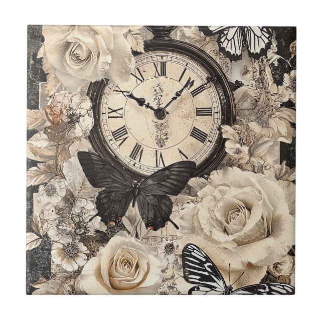 Vintage Compass & Butterfly - Rustic Papper (4) Kakelplatta (Framsidan)