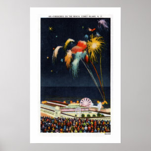 Vintage Coney Island-fyrverkerier på strand Poster