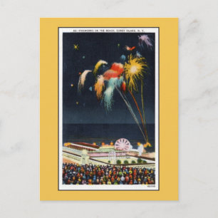 Vintage Coney Island-fyrverkerier på strand Vykort