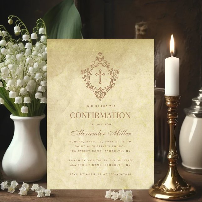 Vintage Confirmation Antique Vapensköld Religiösa  Inbjudningar (Confirmation invitation with antique crest in vintage background)