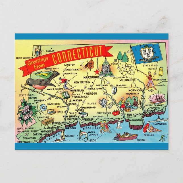 Vintage Connecticut Kart Postkort Vykort (Framsida)