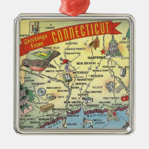 Vintage Connecticut Karta Julgransprydnad Metall