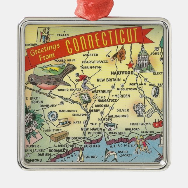 Vintage Connecticut Karta Julgransprydnad Metall (Framsidan)