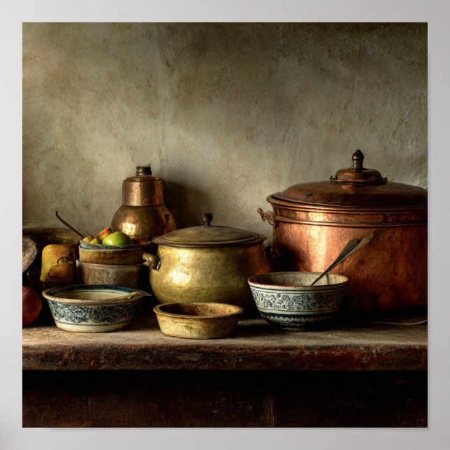 Vintage Copper Pots & Ceramic Bowls - Köks Poster (Framsidan)