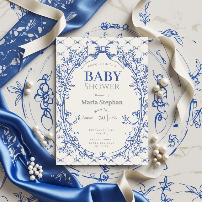 Vintage Coquette Blue Bow blommigt babydusch Inbjudningar (Skapare uppladdad)