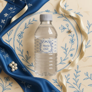Vintage Coquette Blue Bow första födelsedag Vattenflaska Etikett
