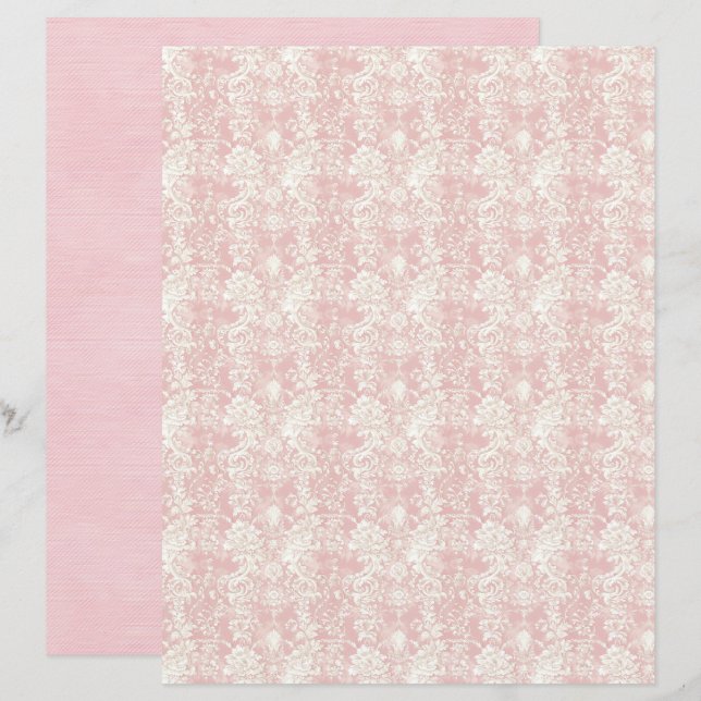 Vintage Coquette Rosa Damast Scrapbokspapper (Fram/baksida)