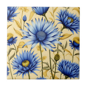 Vintage Cornblomma Blue och Gult Blommigt Kakelplatta