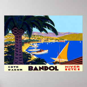 Vintage Cote D'Azur Bandol Fransk Resa Poster
