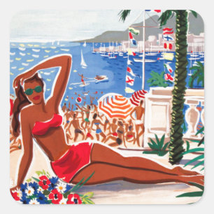 Vintage Cote D'Azur Beach Girl Fyrkantigt Klistermärke