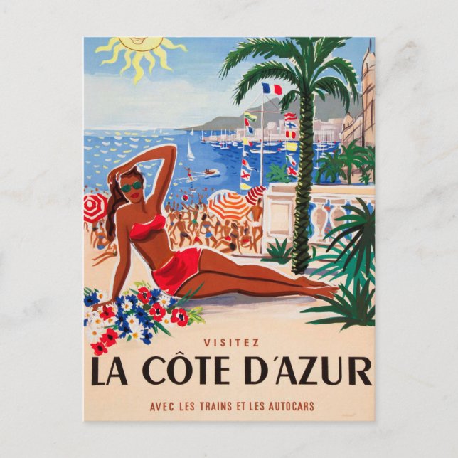Vintage Cote D'Azur Beach Girl Helg Vykort (Framsida)