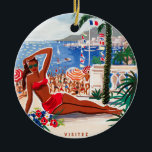 Vintage Cote D'Azur Beach Girl Julgransprydnad Keramik<br><div class="desc">Vintage Fransk och European Travel Advertisements - Beach,  by,  people,  blue sea and himlar illustration</div>