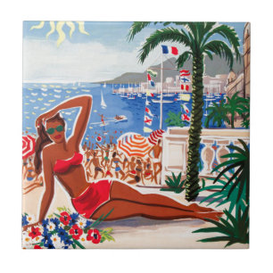 Vintage Cote D'Azur Beach Girl Kakelplatta
