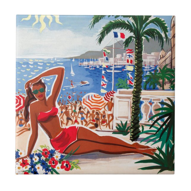 Vintage Cote D'Azur Beach Girl Kakelplatta (Framsidan)