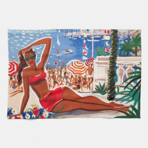 Vintage Cote D'Azur Beach Girl Kökshandduk