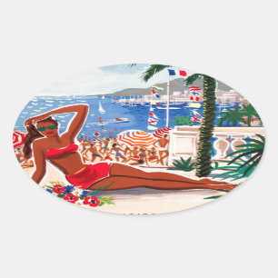 Vintage Cote D'Azur Beach Girl Ovalt Klistermärke