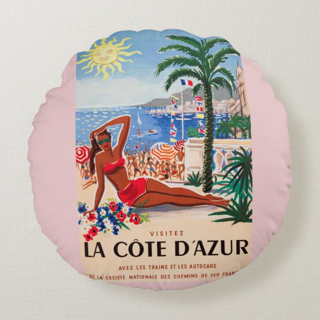 Vintage Cote D'Azur Beach Girl Rund Kudde (Framsidan)