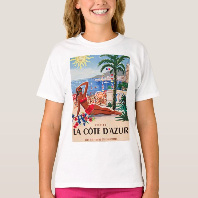 Vintage Cote D'Azur Beach Girl T Shirt (Framsida)