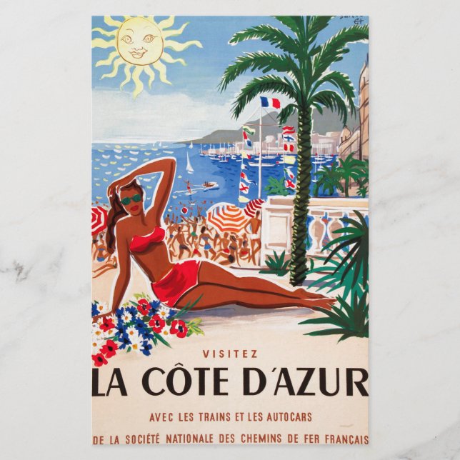 Vintage Cote D'Azur strandflicka Brevpapper (Framsida)