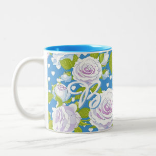 Vintage Cottagecore Rosa Blommig Blå Prickar Två-Tonad Mugg