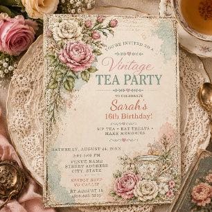 Vintage Cottagecore Vintage Sweet 16 Tesalong-inbj Inbjudningar