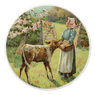 Vintage Country-stil Bondflicka som matar kalv Knopp